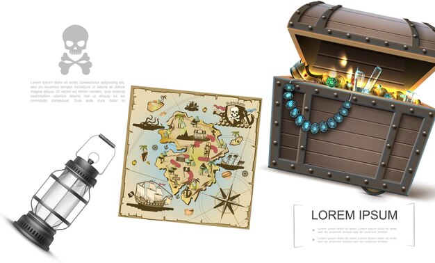 Realistic sea treasures template with pirate map treasure chest full of gold coins and jewelry diadem ring lantern crown precious stones