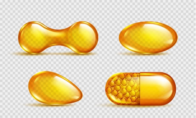 Set realistico di capsule di olio di pesce 3d isolate su sfondo trasparente illustrazione vettoriale di siero di vitamina c pillole di essenza di collagene omega con sostanza gialla medicina del prodotto per la cura della bellezza