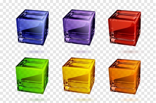 Free vector realistic set of 3d glass cubes in different colors isolated on transparent background vector illustration of empty crystal blocks square ice pieces with smooth glossy surface light reflection