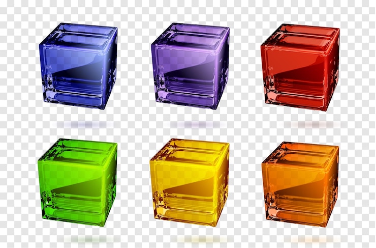 Free Vector realistic set of 3d glass cubes in different colors isolated on transparent background vector illustration of empty crystal blocks square ice pieces with smooth glossy surface light reflection