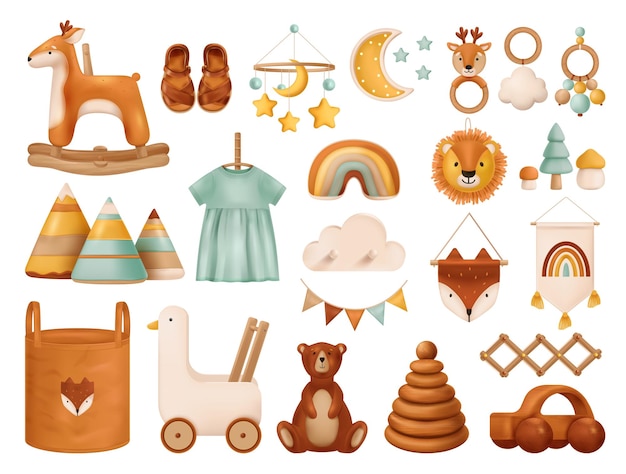 Free vector realistic set of baby toys clothes and accessories in boho style isolated vector illustration