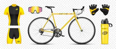 Free vector realistic set of bicycle gear in yellow and black colors isolated on transparent background vector illustration