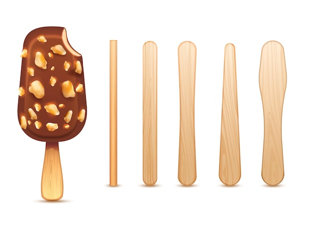 Vettore gratuito set realistico di gelato ricoperto di cioccolato morso con noci e bastoncini di legno illustrazione vettoriale isolata