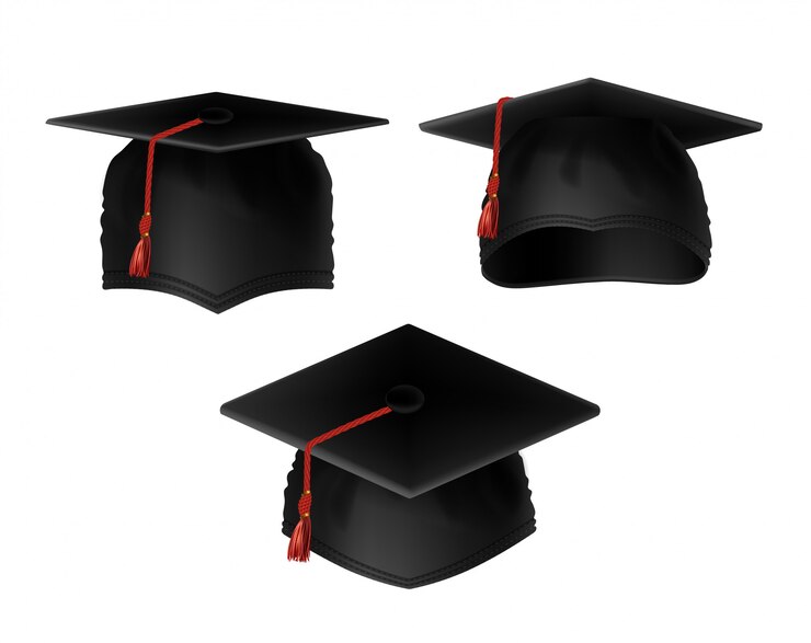 Free Vector realistic set of black graduation caps with red tassels, view from various sides