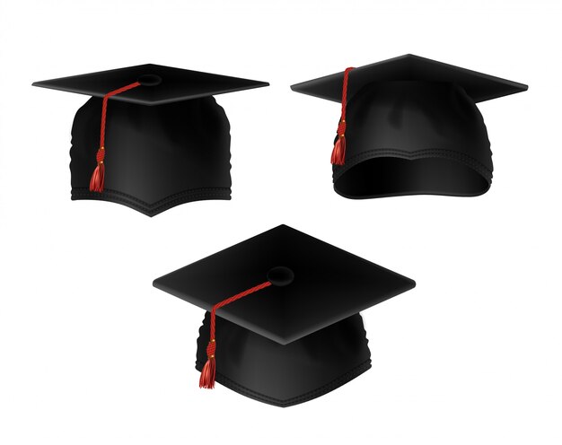 realistic set of black graduation caps with red tassels, view from various sides