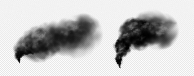 Free vector realistic set of black smoke isolated on transparent background vector illustration of dark clouds of smog rising in air from chimney wildfire after explosion and fire co2 emission design element