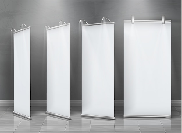 realistic set of blank roll up banners, vertical stands for exhibition and business presentation