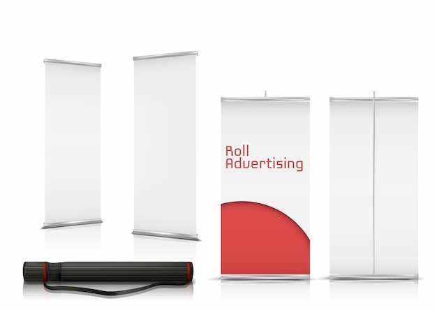 realistic set of blank roll up banners, vertical stands with paper canvases for advertising 