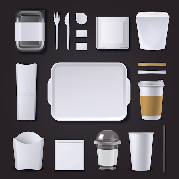 Free vector realistic set of burger bar packaging from plastic and paper