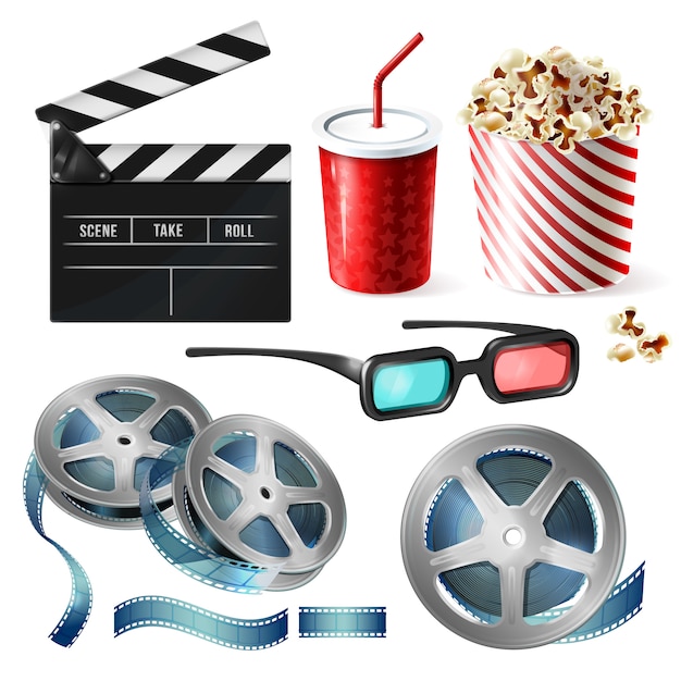 Realistic set of cinema equipment, cardboard bucket with popcorn, plastic cup for drinks