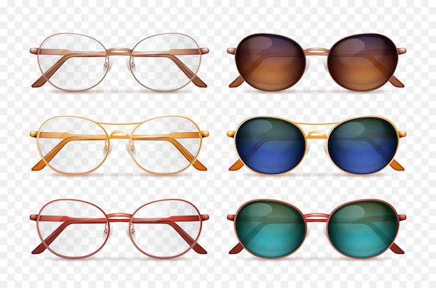 Free vector realistic set of classic glasses and sunglasses with colored lenses transparent background isolated vector illustration