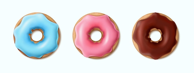 Realistic set of colorful glazed doughnuts