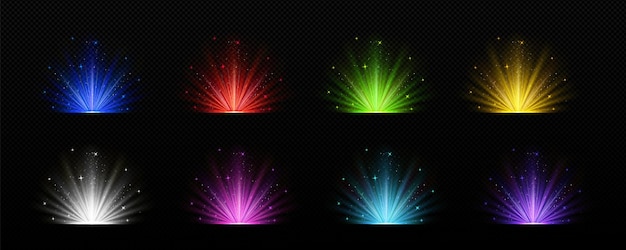 Free vector realistic set of colorful light explosion effects isolated on transparent background vector illustration of magic sparkling with glitter color explosion christmas surprise disco party flashes