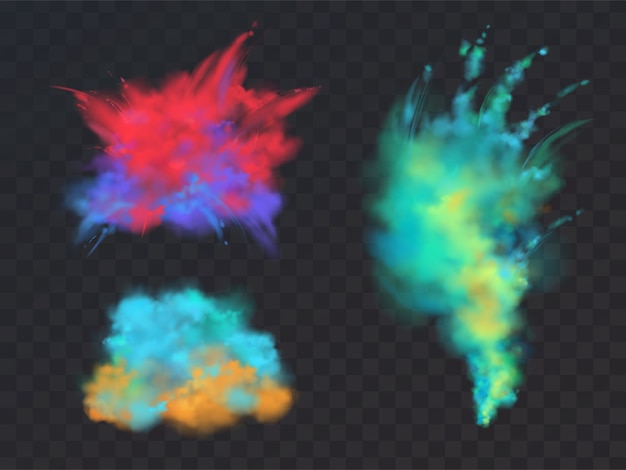 realistic set of colorful powder clouds or explosions, isolated on transparent background.