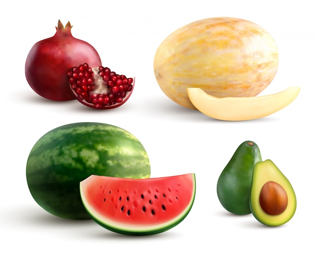 Реалистичный набор красочных цельных и нарезанных фруктов с гранатовыми дынями, арбузом и авокадо, изолированных на белом