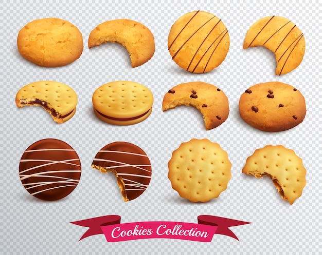 Реалистичный набор печенья различной формы, целые и укушенные, изолированные на прозрачном
