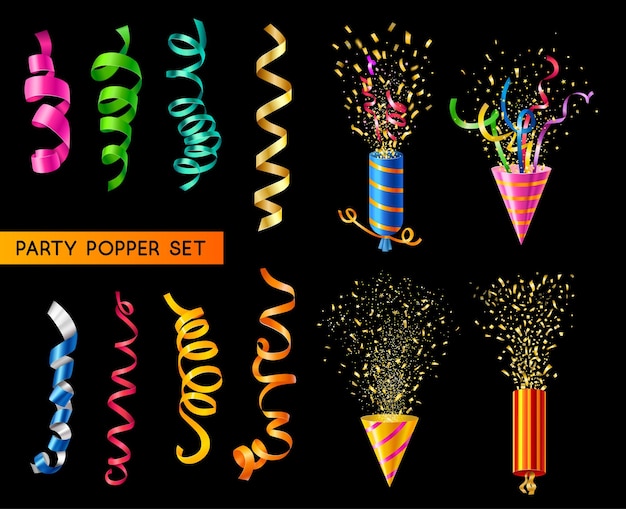 Realistic set of exploding party poppers and colorful ribbons on black background isolated vector illustration