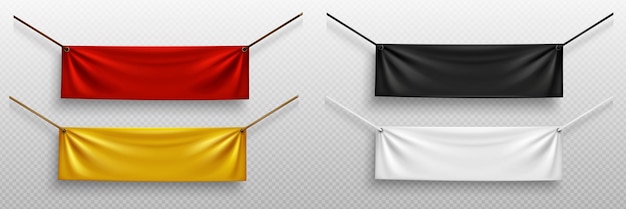 Free vector realistic set of fabric banners hanging on ropes isolated on transparent background vector illustration of horizontal poster mockups in yellow red black white colors blank background for text