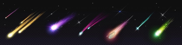 Free vector realistic set of falling comets with speed trails vector cartoon illustration of meteor asteroid or star flying down with colorful sparkling tail isolated on transparent background meteorite shower