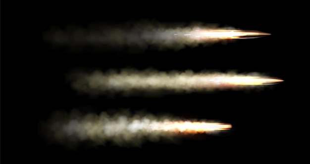 Free vector realistic set of flying bullets with smoke trace isolated on black background vector illustration of gunshot trail fired ammunition in motion firearm projectiles moving fast war shooting attack