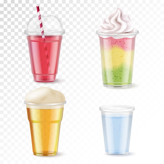 Free vector realistic set of four disposable plastic glasses with various beverages isolated on transparent background  illustration