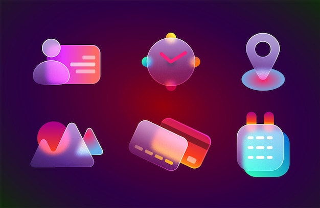 Free vector realistic set of glassmorphism ui icons for website mobile app vector illustartion of location gallery contact calendar credit card clock glass morphism effect design element on blur background