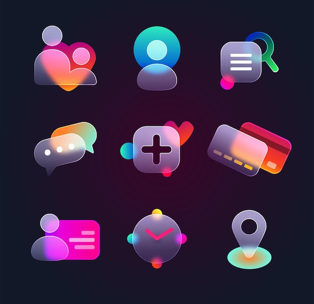 Free vector realistic set of glassmorphism ui icons for website or mobile app vector location chat contact socia