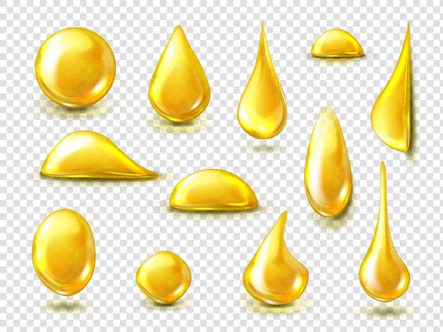 Set realistico di gocce d'oro di olio o miele