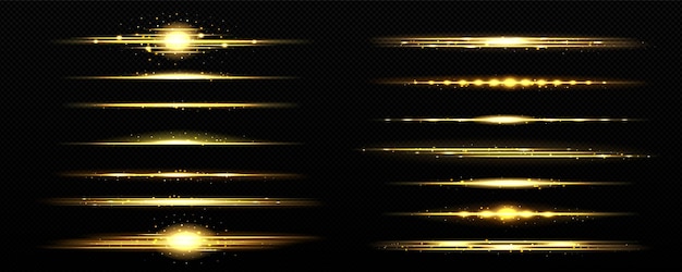 Free vector realistic set of golden light lines isolated on transparent background vector illustration of yellow led lamp shine shimmering sunrise flash on horizon magic energy effect sunshine divider