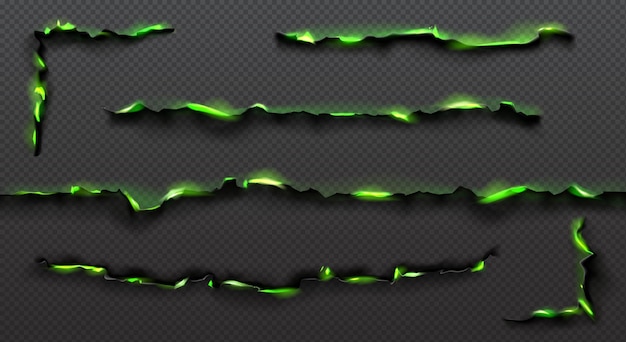 Free vector realistic set of green fire burning on paper edges