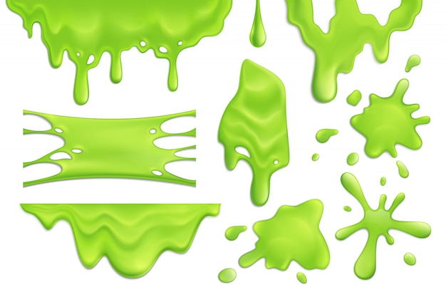Realistic set of green slime blots and drops isolated illustration