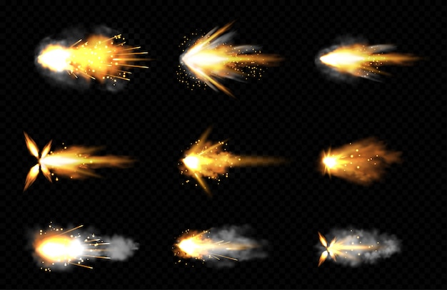 Free vector realistic set of gun shots with fire and smoke