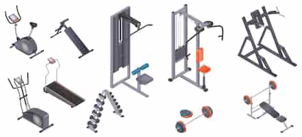 Free vector realistic set of gym equipment with upper block barbell treadmill exercise bike abdominal crunch bench isolated vector illustration