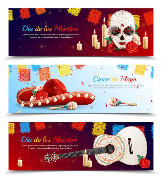 Realistic set of horizontal banners with various symbols of traditional mexican holidays isolated