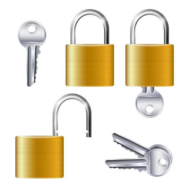 Реалистичный набор идентичных золотых металлических открытых и закрытых замков и ключей на белом, изолированные