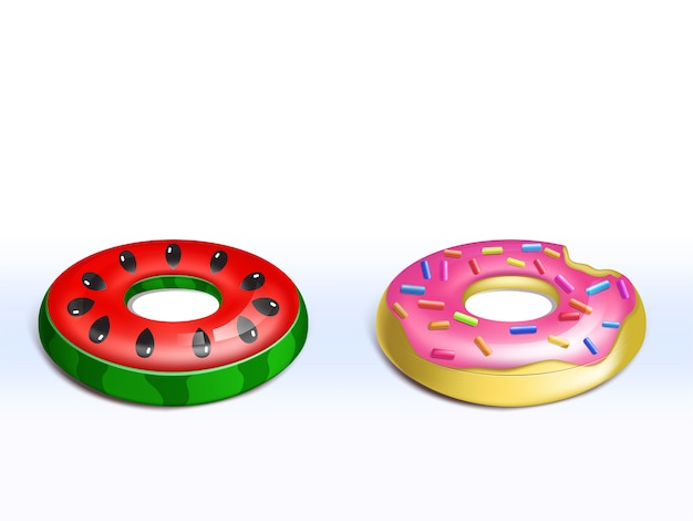 Free vector realistic set of inflatable pink donut, rubber rings for kids, cute fun toys for pool party