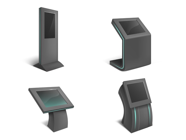 realistic set of interactive information kiosks, black stands with blank touch screen 