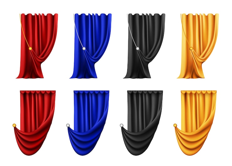 Free Vector realistic set of isolated curtain images of red blue black and gold colors on blank background vector illustration