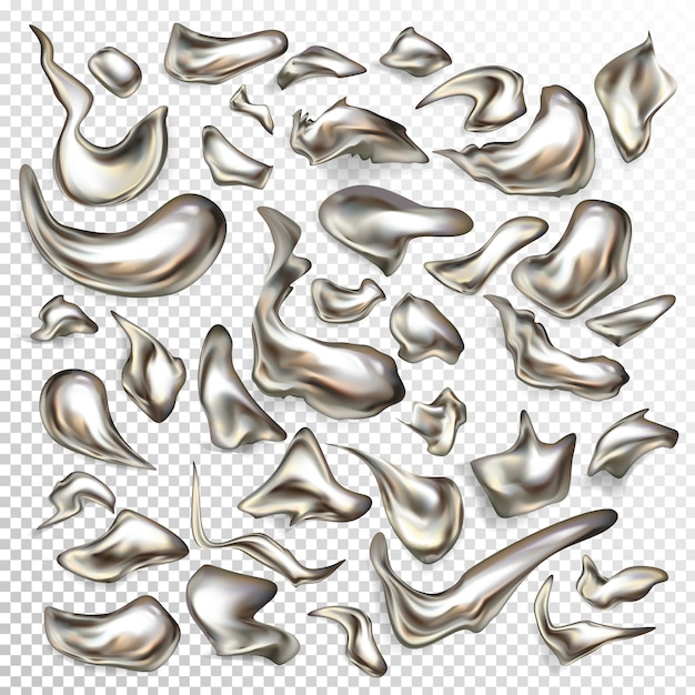 Free vector realistic set of liquid metal drops in abstract shapes