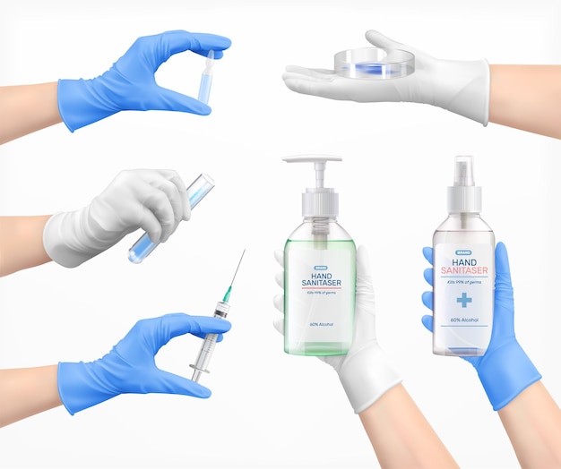 Free vector realistic set of medical staff hands in protective gloves holding hand sanitazer ampoule with medicine and syringe isolated vector illustration