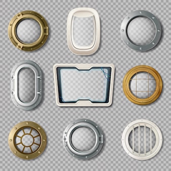 Realistic set of metal and plastic portholes of various shape on transparent background isolated vec