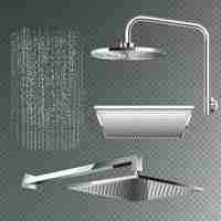 Free vector realistic set of modern shower heads of different shapes on transparent background vector illustration