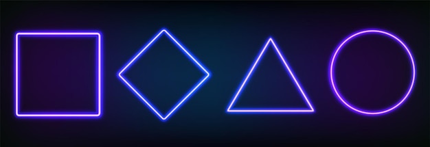 Realistic set of neon frames different geometric shapes with led backlighting .Glowing fluorescent border isolated on dark background. Bright illuminated shape of rectangle, square, circle and rhombus