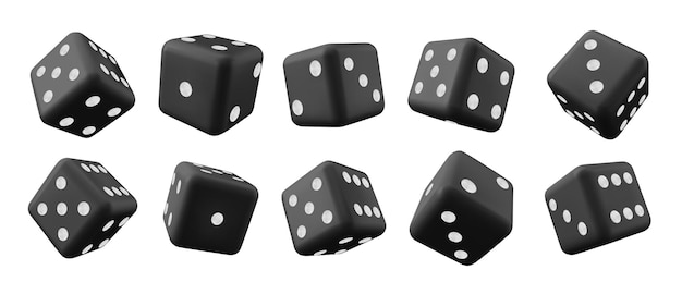 Бесплатное векторное изображение Реалистичный набор трехмерных черных игральных костей, выделенных на белом фоне. векторная иллюстрация игровых кубиков казино с точками по бокам.