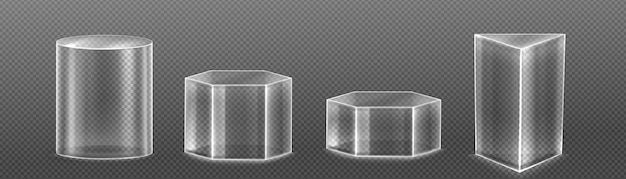 무료 벡터 배경에 격리된 현실적인 3d 투명 플랫폼 세트 삼각형 실린더 육각 받침대 모형의 벡터 그림은 화장품 프리젠테이션 어워드 빈 컨테이너를 나타냅니다.