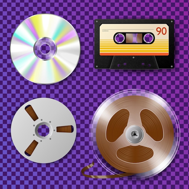 Реалистичный набор компакт-дисков кассетного магнитофона и катушечной ленты для музыкального проигрывателя на прозрачном фоне изолированных векторных иллюстраций