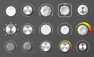 無料ベクター 透明な背景の孤立したベクトルイラストのレベル調整のための円の光沢のある金属製のレギュレーターボタンの現実的なセット