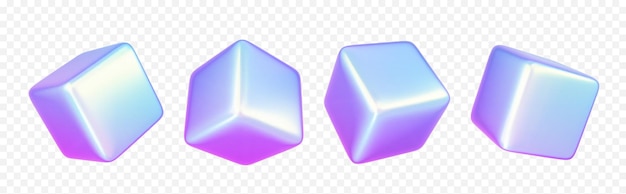 透明な背景に隔離されたホログラフィック3dキューブの現実的なセット 虹彩の正方形ブロックのベクトルイラスト 角度と横の視点 輝く表面の装飾要素を持つ幾何学的な固体フィギュア
