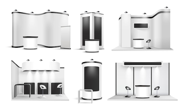 Бесплатное векторное изображение Реалистичный набор современных шаблонов выставочных стендов в черно-белых цветах с светящимися лампами изолированная векторная иллюстрация