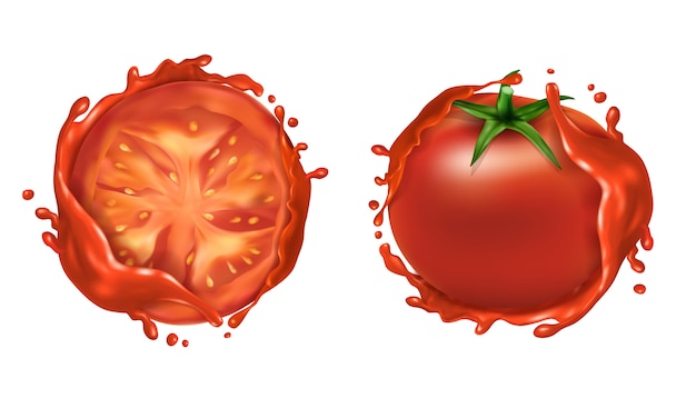 無料ベクター 現実的なセットの2つの赤い熟したトマト、全体の新鮮な野菜と半分